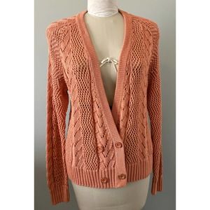 St. John Women’s Peach Cable Knit V-Neck Double Breasted Large Cardigan Sweater